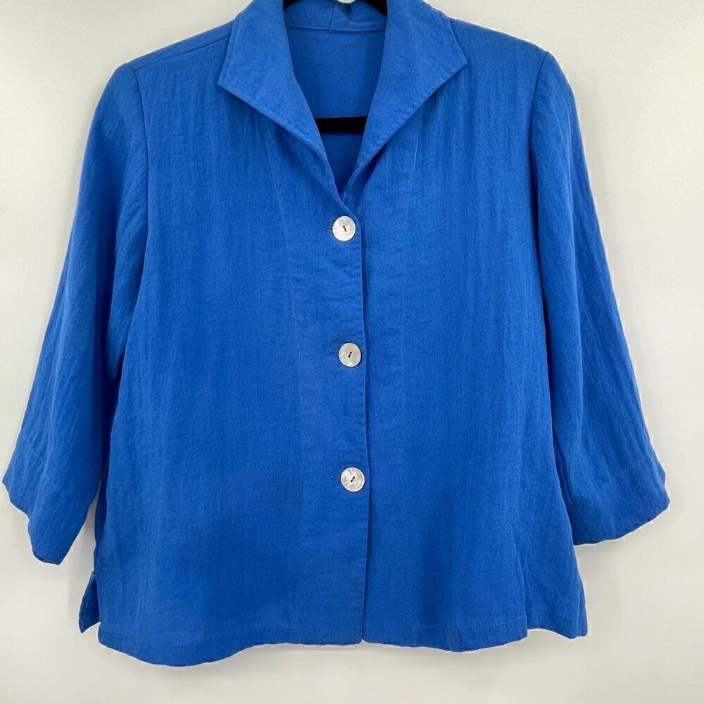 Fridaze Blue Linen V-Neck 3/4 Sleeve Collared Button Up Sailor Jacket XS